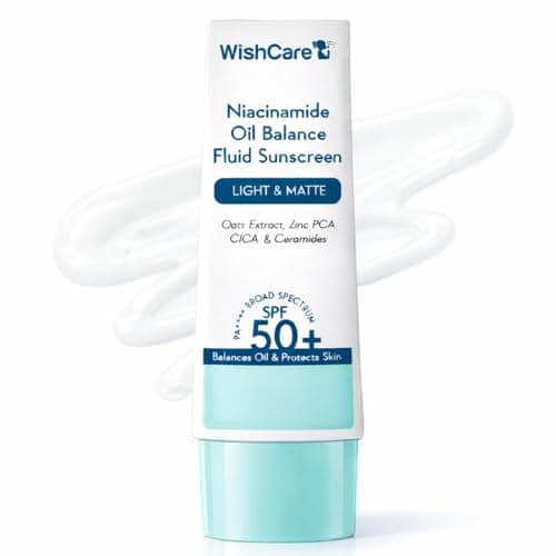 WishCare Niacinamide Oil Balance Fluid Sunscreen SPF 50 PA++++ In-Vivo Tested | 8Hrs+ SPF Protection | Lightweight, Matte & No White Cast | Sunscreen SPF 50 For Oily Skin, Sensitive, Dry & Combination Skin | For Women & Men | 50g