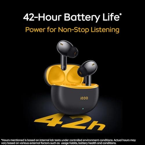 iQOO TWS 1e in-Ear Earbuds with Mic, Upto 30dB Active Noise Cancellation, Fast Charging which Takes 10 mins for 3 Hours Playtime, with Upto 42 hrs Playback time (Flame Yellow)