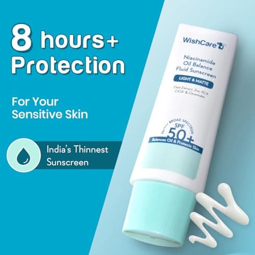 WishCare Niacinamide Oil Balance Fluid Sunscreen SPF 50 PA++++ In-Vivo Tested | 8Hrs+ SPF Protection | Lightweight, Matte & No White Cast | Sunscreen SPF 50 For Oily Skin, Sensitive, Dry & Combination Skin | For Women & Men | 50g