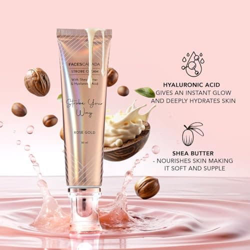 FACESCANADA Strobe Cream - Rose Gold, 30Ml | Primer + Highlighter + Moisturizer | Shea Butter & Hyaluronic Acid | Intense Hydration | Flawless Radiant Dewy Skin | Illuminating & Glowing Makeup Base