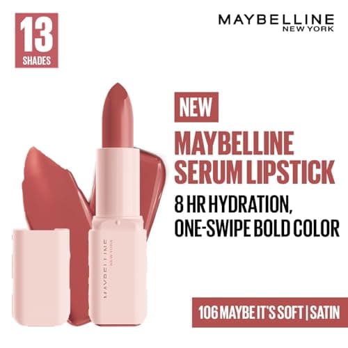 Maybelline New York Serum Lipstick (Satin) 8Hr weightless hydration, One-swipe bold color, Nude - 106 Maybe It's Soft, 4.2g