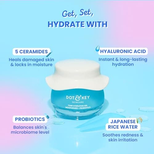 DOT & KEY 72Hr Hydrating Gel + Probiotics Moisturizer For Face With Hyaluronic Acid, Kombucha & Rice Water Lightweight Gel Oil Free Moisturizer | For Oily, Dull & Uneven Skin Tone I For All Skin Types | 60Ml