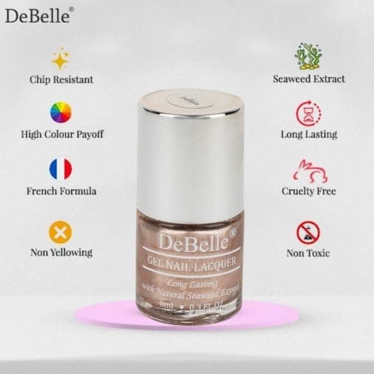DeBelle Gel Nail Polish Pandora (Blush Rose Gold Glitter Nail Paint)|Non UV - Gel Finish |Chip Resistant | Seaweed Enriched Formula| Long Lasting|Cruelty and Toxic Free| 8ml