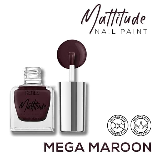 RENEE Mattitude Nail Paint- Mega Maroon 10ml, Quick Drying, Matte Finish, Long Lasting, Chip resisting Formula with High coverage, Acetone & Paraben Free