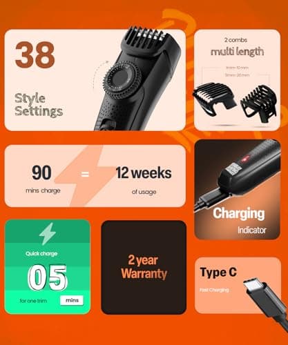 Bombay Shaving Company Beard Trimmer For Men, 2X Fast Charging, USB Type C, 2 Yr Warranty, 120Min runtime, Hair Trimmer, Shaving Machine, Cordless Beard, 38 length Settings(Black)