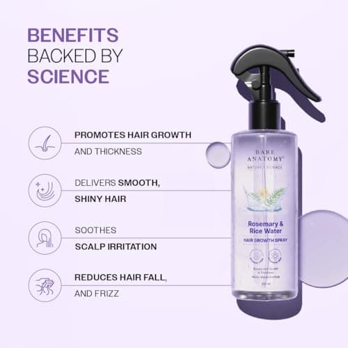 Bare Anatomy Nature x Science Rosemary Water Spray for Hair Growth & Hair Thickness with Rice Water | 100% Natural Extract | Soft & Smooth Hair | Controls Hairfall & Adds Shine | Non-Greasy & Fast Absorbing | 200 ml