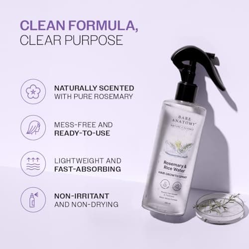 Bare Anatomy Nature x Science Rosemary Water Spray for Hair Growth & Hair Thickness with Rice Water | 100% Natural Extract | Soft & Smooth Hair | Controls Hairfall & Adds Shine | Non-Greasy & Fast Absorbing | 200 ml