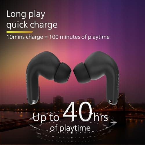 Philips TAT1269 Bluetooth Truly Wireless in Ear Earbuds with mic, 13mm Drivers, Bluetooth 5.4, 40H Playtime, IPX5, Fast Charging, Touch Controls, Voice Assistant, Mono Mode, LED Indicator (Deep Black)