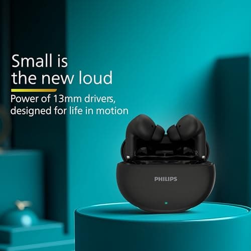 Philips TAT1269 Bluetooth Truly Wireless in Ear Earbuds with mic, 13mm Drivers, Bluetooth 5.4, 40H Playtime, IPX5, Fast Charging, Touch Controls, Voice Assistant, Mono Mode, LED Indicator (Deep Black)
