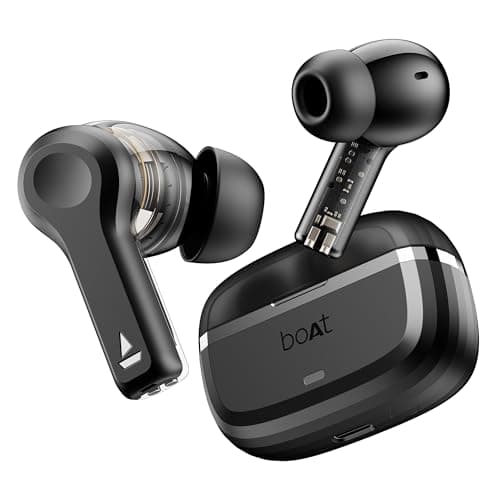 Boat Nirvana Space, 360º Spatial Audio, Active Noise Cancellation (~32dB), 100Hrs Battery,4Mics ENx, Fast Charge, v5.3 Bluetooth Earbuds, TWS Ear Buds Wireless Earphones with mic (Cosmic Black)