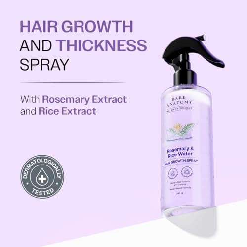 Bare Anatomy Nature x Science Rosemary Water Spray for Hair Growth & Hair Thickness with Rice Water | 100% Natural Extract | Soft & Smooth Hair | Controls Hairfall & Adds Shine | Non-Greasy & Fast Absorbing | 200 ml