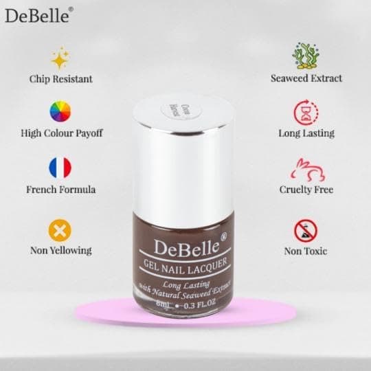 DeBelle Gel Nail Lacquer Cocoa Harvest (Dark Brown) 8ml - Enriched with natural Seaweed Extract, cruelty Free, Toxic Free Glossy Finish