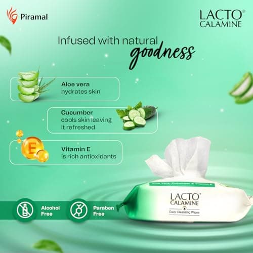 Lacto Calamine Daily Cleansing Face Wipes 25N Each - Pack of 2 | Makeup Remover Wipes | Wet Tissue for Face with Aloe Vera, Cucumber & Vitamin E | Wet Wipes for Women & Men | Paraben & Alcohol Free