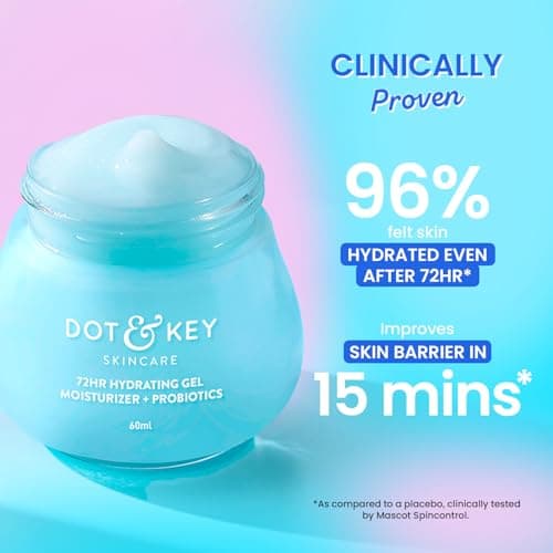 DOT & KEY 72Hr Hydrating Gel + Probiotics Moisturizer For Face With Hyaluronic Acid, Kombucha & Rice Water Lightweight Gel Oil Free Moisturizer | For Oily, Dull & Uneven Skin Tone I For All Skin Types | 60Ml