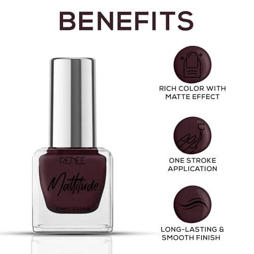 RENEE Mattitude Nail Paint- Mega Maroon 10ml, Quick Drying, Matte Finish, Long Lasting, Chip resisting Formula with High coverage, Acetone & Paraben Free