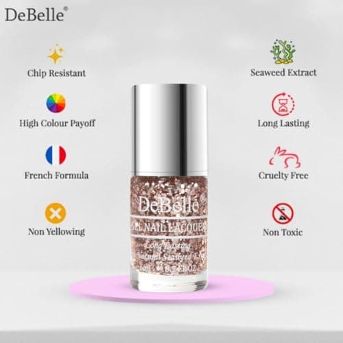 DeBelle Gel Nail Polish Elite Tiffany(Rose Gold Flaky Glitter Top Coat Nail Paint)| Non UV - Gel Finish |Chip Resistant | Seaweed Enriched Formula| Long Lasting|Cruelty and Toxic Free| 6ml