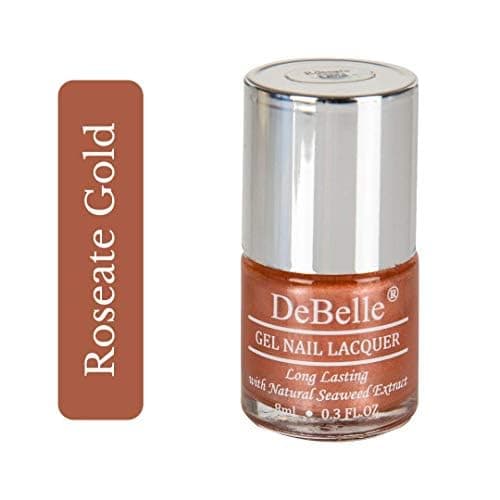 DeBelle Gel Nail Polish Roseate Gold (Metallic Rose Gold Nail Paint)|Non UV - Gel Finish |Chip Resistant | Seaweed Enriched Formula| Long Lasting|Cruelty and Toxic Free| 8ml