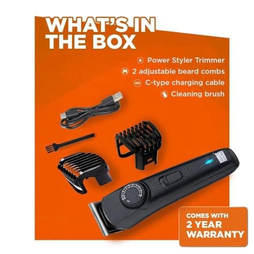 Bombay Shaving Company Beard Trimmer For Men, 2X Fast Charging, USB Type C, 2 Yr Warranty, 120Min runtime, Hair Trimmer, Shaving Machine, Cordless Beard, 38 length Settings(Black)