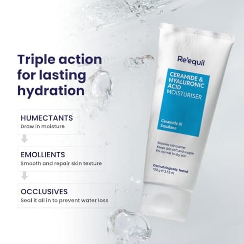 RE' EQUIL Ceramide & Hyaluronic Acid Moisturiser | Moisturizer For Face | Barrier Repair Cream | Long Lasting Hydration | Suitable For Normal To Dry Skin | 100G