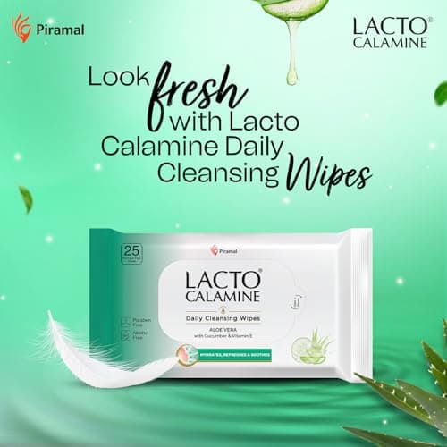 Lacto Calamine Daily Cleansing Face Wipes 25N Each - Pack of 2 | Makeup Remover Wipes | Wet Tissue for Face with Aloe Vera, Cucumber & Vitamin E | Wet Wipes for Women & Men | Paraben & Alcohol Free