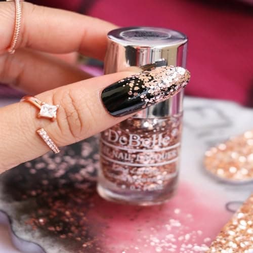 DeBelle Gel Nail Polish Elite Tiffany(Rose Gold Flaky Glitter Top Coat Nail Paint)| Non UV - Gel Finish |Chip Resistant | Seaweed Enriched Formula| Long Lasting|Cruelty and Toxic Free| 6ml