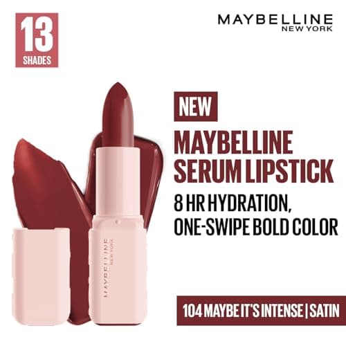 Maybelline New York Serum Lipstick (Satin) 8Hr weightless hydration, One-swipe bold color, Nude - 104 Maybe It's Intense, 4.2g