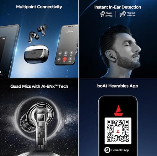 Boat Nirvana Space, 360º Spatial Audio, Active Noise Cancellation (~32dB), 100Hrs Battery,4Mics ENx, Fast Charge, v5.3 Bluetooth Earbuds, TWS Ear Buds Wireless Earphones with mic (Cosmic Black)