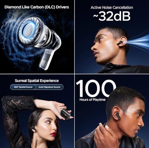 Boat Nirvana Space, 360º Spatial Audio, Active Noise Cancellation (~32dB), 100Hrs Battery,4Mics ENx, Fast Charge, v5.3 Bluetooth Earbuds, TWS Ear Buds Wireless Earphones with mic (Cosmic Black)