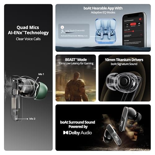 Boat Airdopes 800, Dolby Audio, Adaptive EQ by Mimi, 4Mics AI ENx, App Support, Fast Charge, Low Latency, IPX5, v5.3 Bluetooth TWS in Ear Earbuds Wireless Earphones with mic (Interstellar Black)