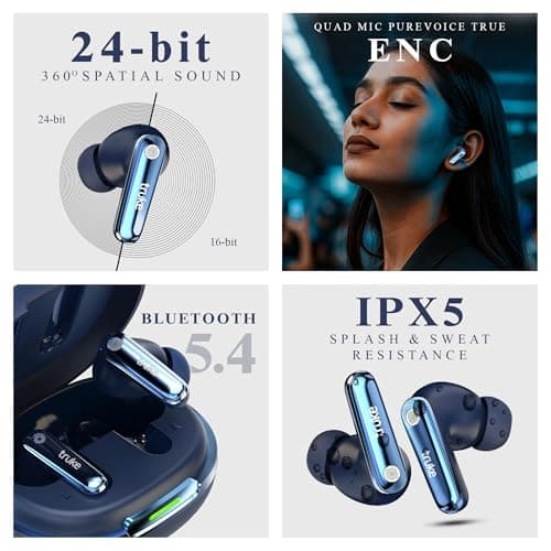 truke New Launch Mega 10 True Wireless in Ear Earbuds W/ 24-Bit Lossless Spatial Audio, 70H Battery Fast Charge Buds, Dual Pairing, 13mm Drivers TWS, Low Latency(40ms), Matte Finish, ENC (Royal Blue)
