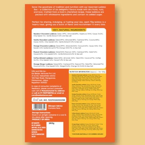 EAT BETTER CO - Assorted Healthy Laddoos - 42 Laddoos in Six Flavours | No Added Sugar | Made with 95% Dry-Fruits | High Protein & Instant Energy - Healthy Chocolate, 420 Gram