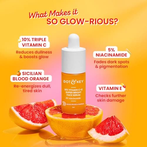 DOT & KEY 10% Vitamin C + E Serum with 5% Niacinamide,for Glowing Skin,Fades Dark Spots & Hyperpigmentation,Infused with Blood Orange & Pumpkin,Targets Dull & Uneven Skin,For All Skin Types,20ml