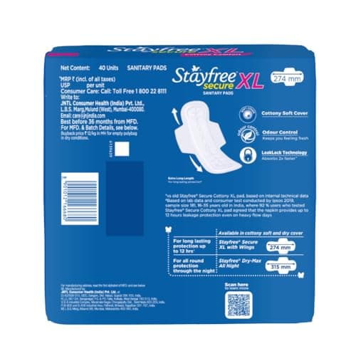 Stayfree Secure xl | Combo packs 120 Pads | Cottony Soft Sanitary Pads for Women | with Leak Lock Technology | Odour Control | Absorbs upto 100% Fluid | Up to 12 Hours of Protection |