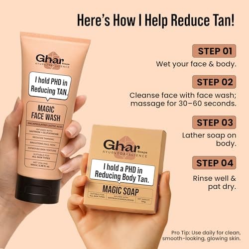 Ghar Soaps Magic De-Tan Face Wash & Sandalwood Saffron Bath Soap | With Sandalwood, Saffron & Glutathione | Tan Removal, Brightening & Glowing Skin | Handmade & Paraben-Free | For Men & Women