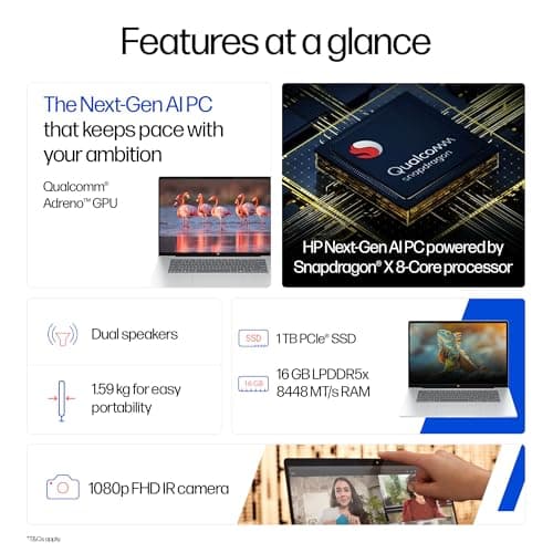 HP Omnibook 5 OLED (Previously Pavilion), Snapdragon X Processor (16GB LPDDR5x,1TB SSD) 2K OLED,16''/40.6cm, Win11, M365*Office24, Glacier Silver, 1.59kg, fb0001QU, Backlit, Next-Gen AI Laptop