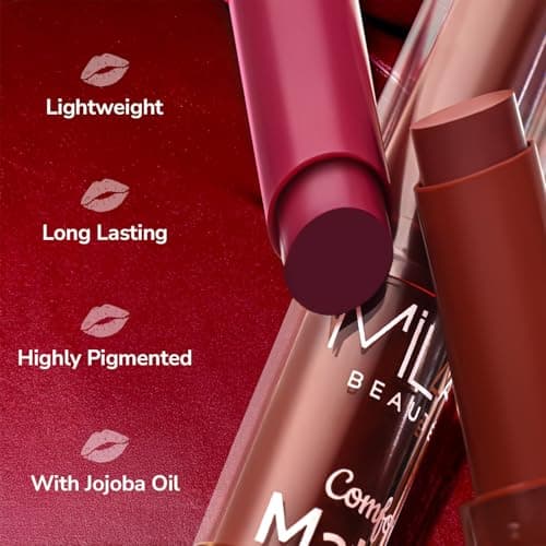 Mila Beauté Creamy Comfort Matte Long-Lasting Lipstick for Women | Highly Pigmented & Hydrating Lipstick with Jojoba | Single Swipe Application | Suitable for Indian Skin Tones - PINK BLAST