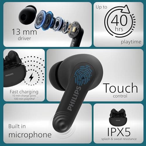 Philips TAT1269 Bluetooth Truly Wireless in Ear Earbuds with mic, 13mm Drivers, Bluetooth 5.4, 40H Playtime, IPX5, Fast Charging, Touch Controls, Voice Assistant, Mono Mode, LED Indicator (Deep Black)