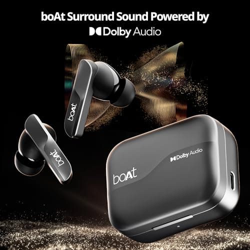 Boat Airdopes 800, Dolby Audio, Adaptive EQ by Mimi, 4Mics AI ENx, App Support, Fast Charge, Low Latency, IPX5, v5.3 Bluetooth TWS in Ear Earbuds Wireless Earphones with mic (Interstellar Black)