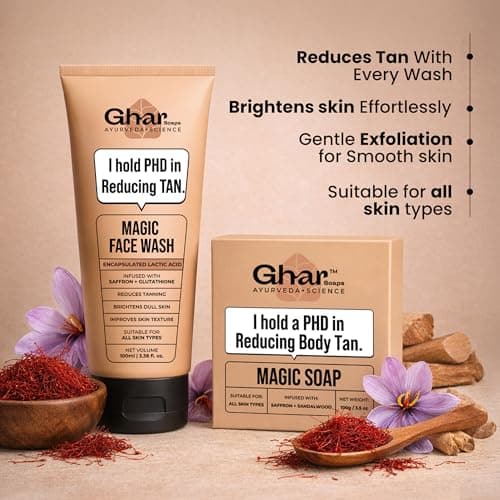 Ghar Soaps Magic De-Tan Face Wash & Sandalwood Saffron Bath Soap | With Sandalwood, Saffron & Glutathione | Tan Removal, Brightening & Glowing Skin | Handmade & Paraben-Free | For Men & Women