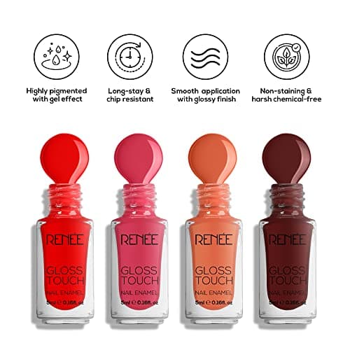 RENEE Gloss Touch Nail Paint Set of 4, Quick Drying Nail Polish, Glossy Gel Finish Nail Kit | Highly Pigmented & Long Lasting Nail Enamel, Chip Resistance 5ml Each, Gift Set for Women N03 Red Parade