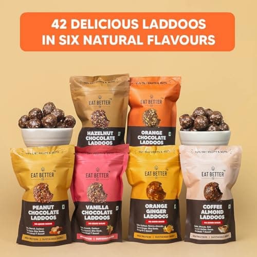 EAT BETTER CO - Assorted Healthy Laddoos - 42 Laddoos in Six Flavours | No Added Sugar | Made with 95% Dry-Fruits | High Protein & Instant Energy - Healthy Chocolate, 420 Gram