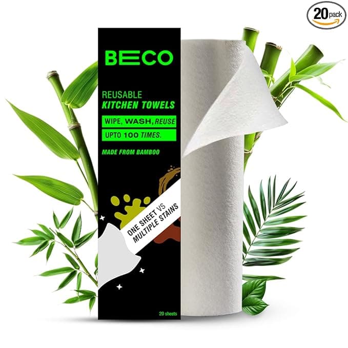 Beco Reusable Kitchen Towel Roll-2000 Times Washable|Soft & Highly Absorbent|Better Alternative to Dishcloth, Kitchen Tissue Paper Roll/Paper Towel|Eco Bamboo Wipes for Home Cleaning|20 Sheets