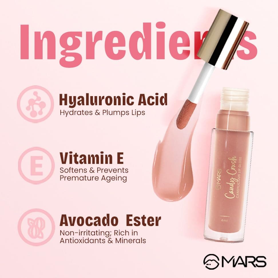 MARS Candylicious Sheer Lip Gloss for Women | Hydrating & High Shine | Lightweight | Non-Sticky | Enriched with Vitamin-E, Hyaluronic Acid & Avocado Ester (4.0ml) (11-TOFFEE TWIRL)