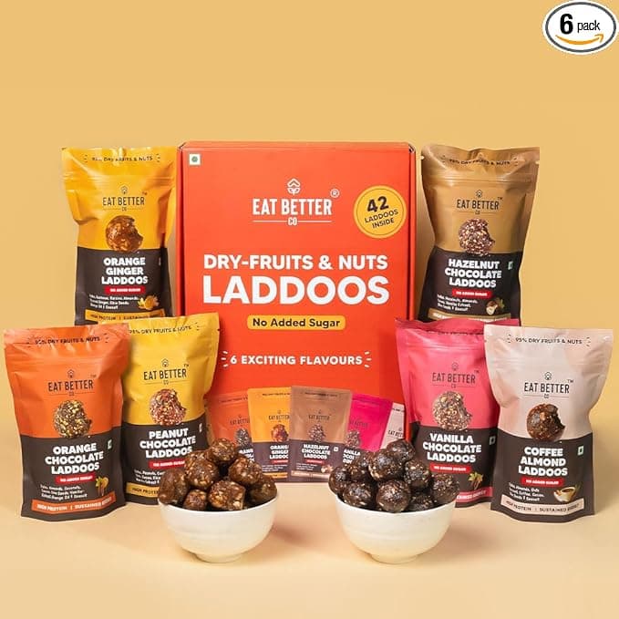 EAT BETTER CO - Assorted Healthy Laddoos - 42 Laddoos in Six Flavours | No Added Sugar | Made with 95% Dry-Fruits | High Protein & Instant Energy - Healthy Chocolate, 420 Gram