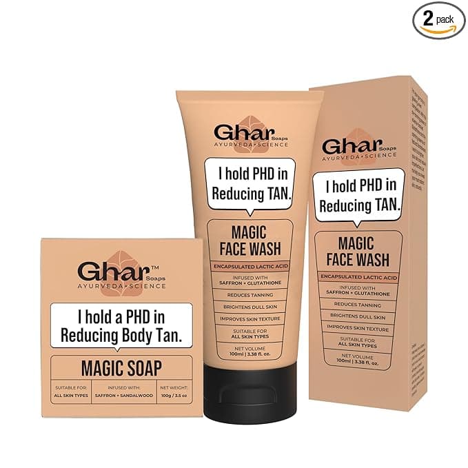 Ghar Soaps Magic De-Tan Face Wash & Sandalwood Saffron Bath Soap | With Sandalwood, Saffron & Glutathione | Tan Removal, Brightening & Glowing Skin | Handmade & Paraben-Free | For Men & Women