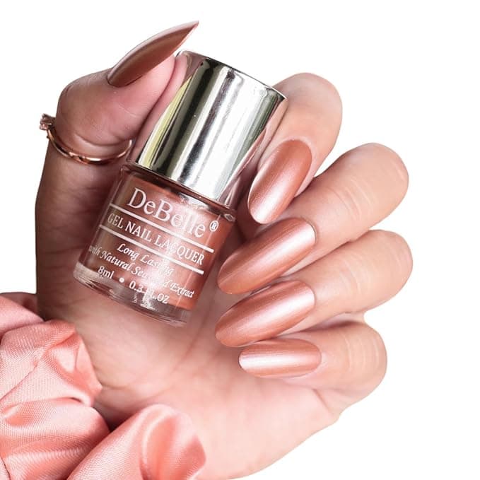 DeBelle Gel Nail Polish Roseate Gold (Metallic Rose Gold Nail Paint)|Non UV - Gel Finish |Chip Resistant | Seaweed Enriched Formula| Long Lasting|Cruelty and Toxic Free| 8ml