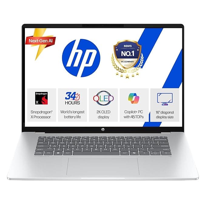 HP Omnibook 5 OLED (Previously Pavilion), Snapdragon X Processor (16GB LPDDR5x,1TB SSD) 2K OLED,16''/40.6cm, Win11, M365*Office24, Glacier Silver, 1.59kg, fb0001QU, Backlit, Next-Gen AI Laptop