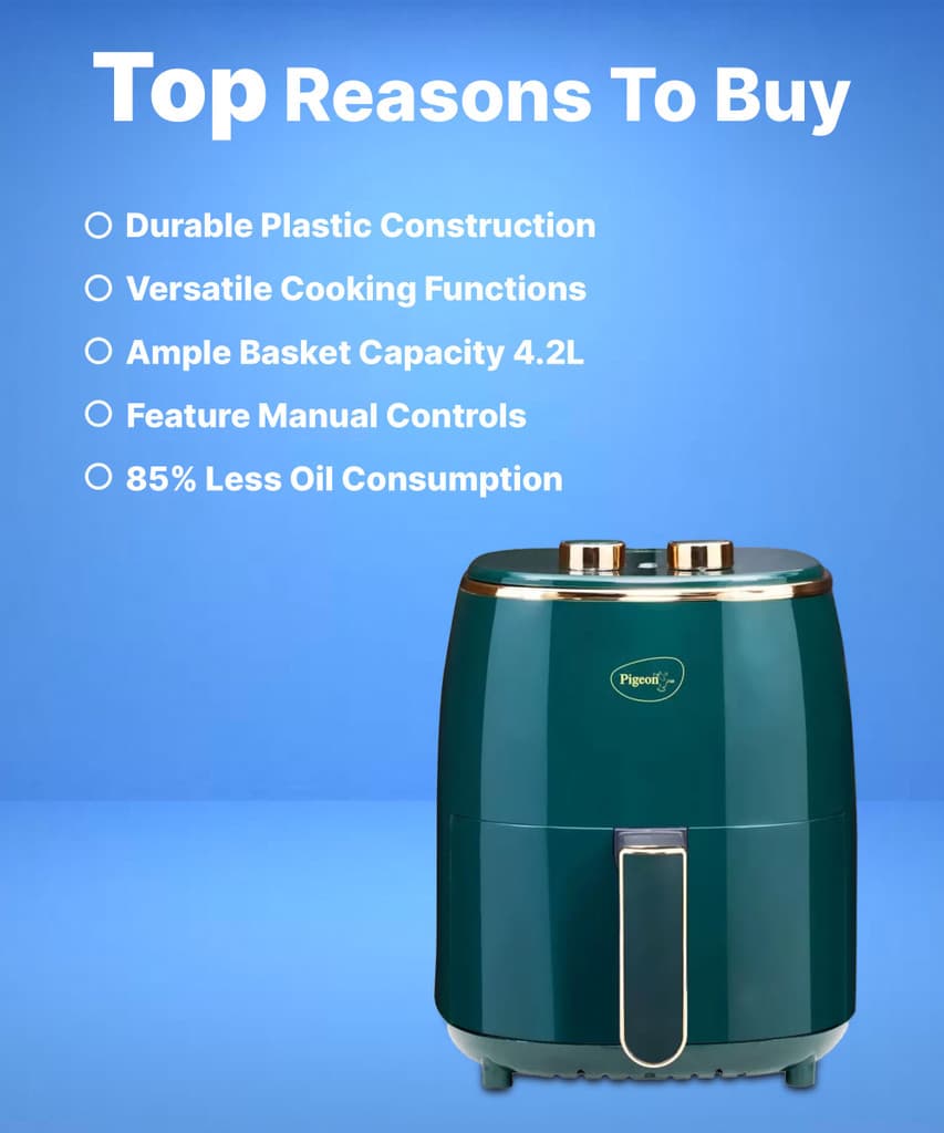 Pigeon Healthifry Manual with 360 High Speed Air Circulation Technology 1200 W with Non-Stick Basket - Green Air Fryer