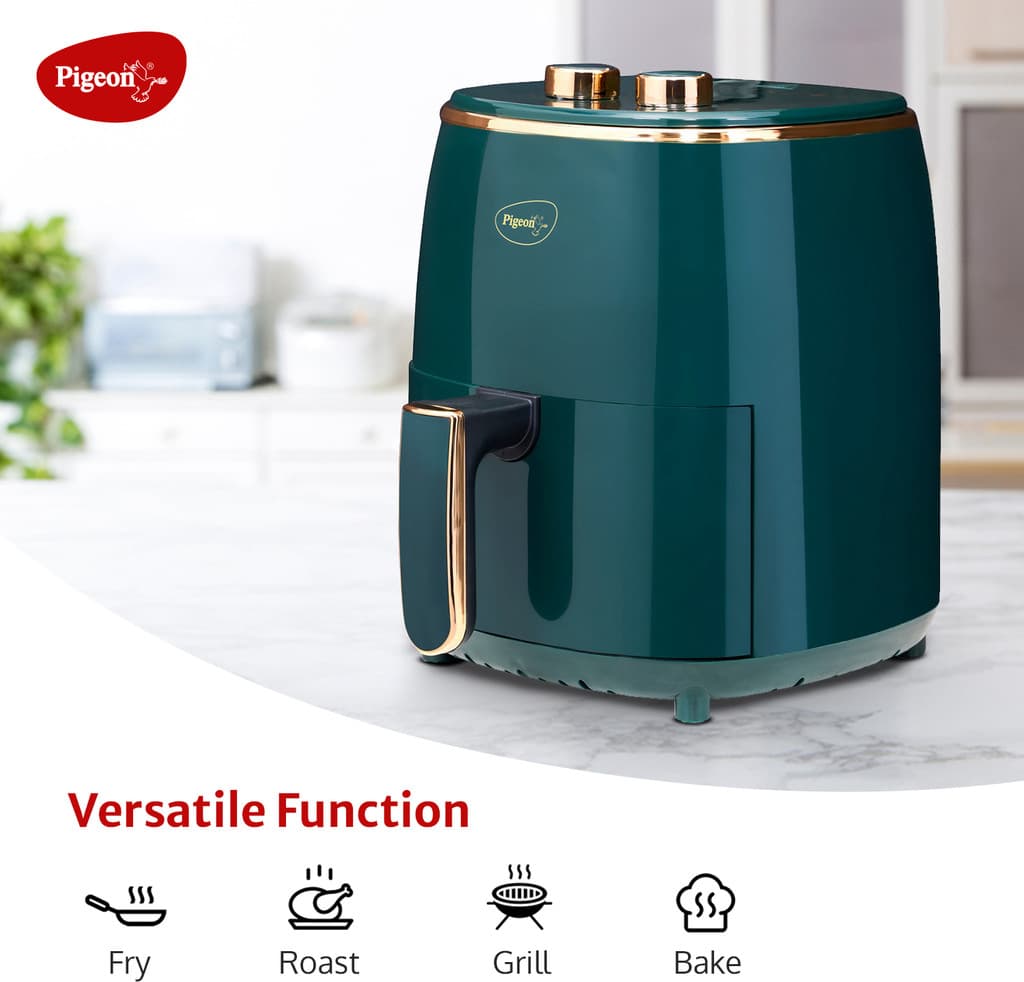 Pigeon Healthifry Manual with 360 High Speed Air Circulation Technology 1200 W with Non-Stick Basket - Green Air Fryer