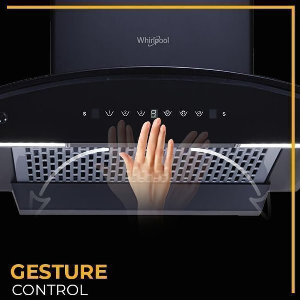 Whirlpool CGFL PRO 904 HAC BK HOOD Auto Clean Curved Glass 90 cm| 11 Years Motor Warranty| Heat Autoclean| Gesture Control| Filterless|Powerful Suction | Low Noise Wall Mounted Black 1600 CMH Chimney